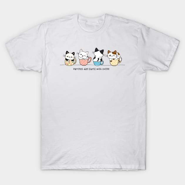 Purrfect Day Starts With Coffee T-Shirt by Miki De Goodaboom